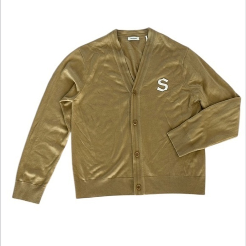 SANDRO button 100% wool cardigan letter S camel sweater men's XL